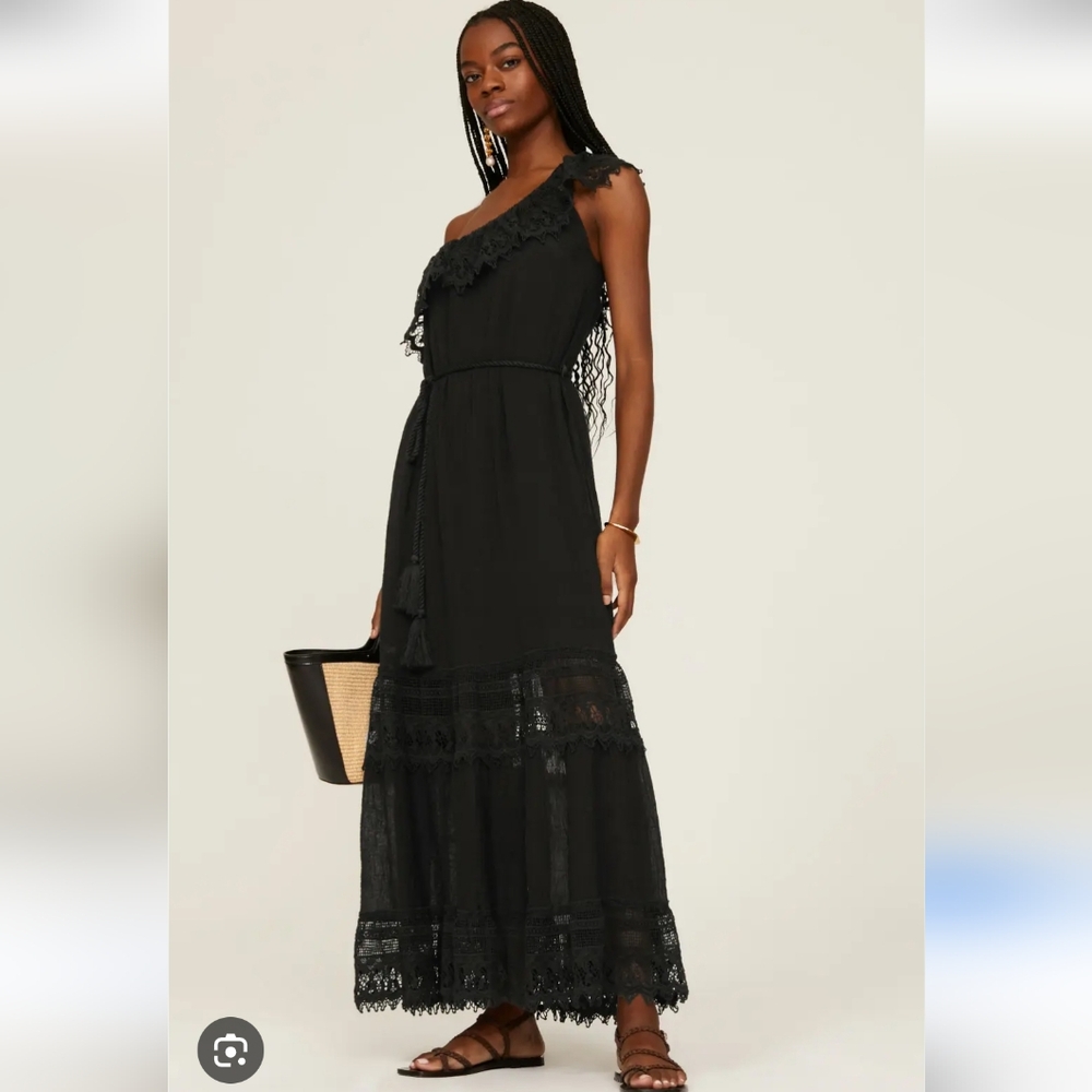 Miguelina Rezina Black One Shoulder Crochet Maxi Dress Size S